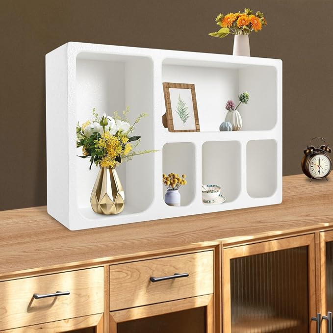 5-Compartment White Arched Floating Cabinet, Modern Geometric MDF Wall-Mount Storage Unit, Wall Mounted Storage Organizer for Bathroom, Living Room, Bedroom & Office Décor - Image 2