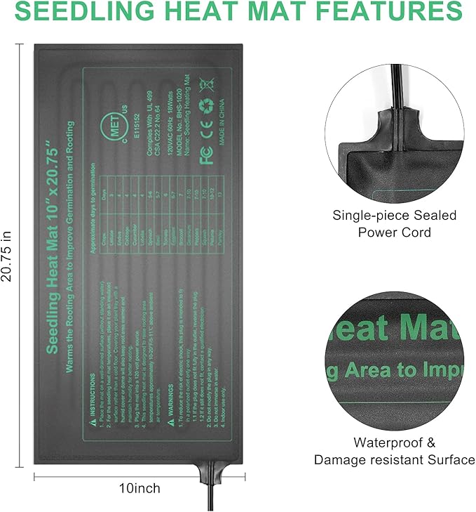Seedling Heat Mat Hydroponic Plants Heating Pad, Seed Starting Greenhouse and Germination, Waterproof Durable Heating Pad for Indoor Home Gardening Seed Starter(10“x20.75”) - Image 5