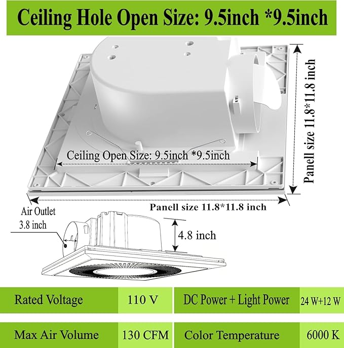 Bathroom Exhaust Fan with Light DC Energy-Saving Bathroom Ventilation Fan, Ceiling Mount Vent Fan with LED Light 6000K for Home/Bath/Office (white) - Image 3
