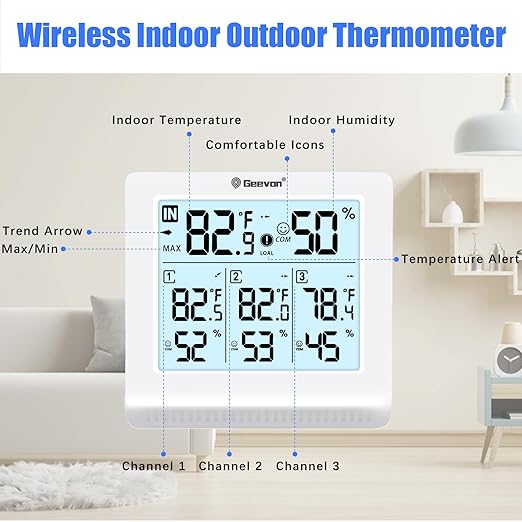 Geevon Indoor Outdoor Thermometer Wireless with 3 Remote Sensors, Digital Hygrometer Thermometer, Temperature Gauge Humidity Monitor with Backlight, 200FT/60M Transmission Range - Image 7