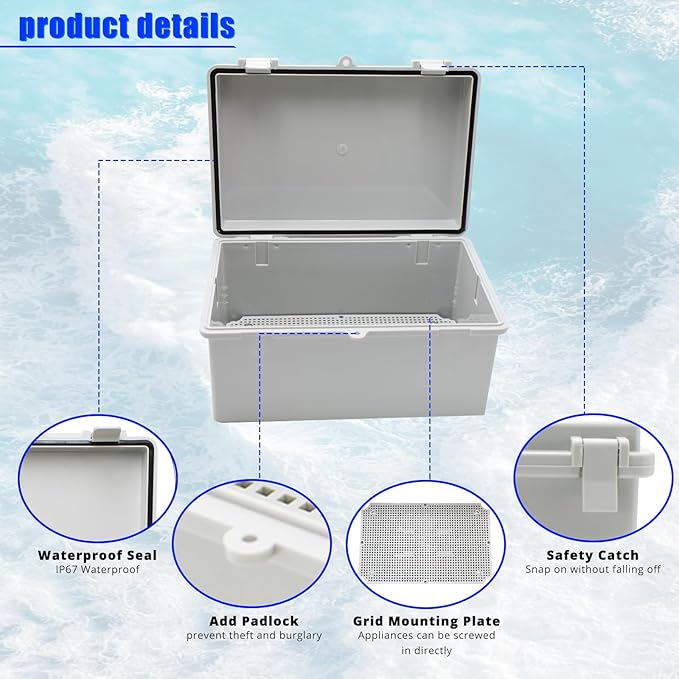 MAKERELE Waterproof Electronic DIY Projects Cable Enclosure Outdoor With Wall Bracket 11.4"7.5"5.5" (290190140mm) IP65 Outside ABS Plastic Electrical Box With 2 NPT 1/2” Glands - Image 4