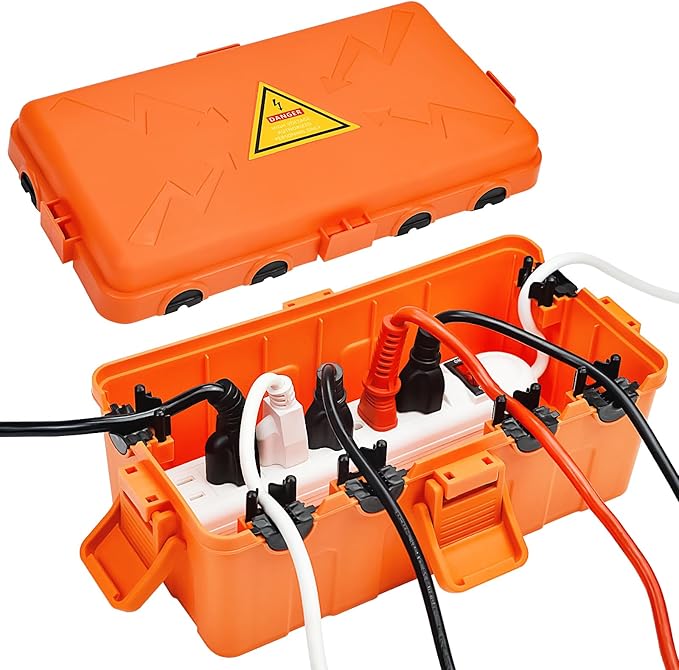 Hrensaw Medium Outdoor Electrical Box(10.6x5.5x4.5inch),Weatherproof Connection Box w/6 Cable Entry,IP54 Waterproof Extension Cord Cover Protect Power Strip,Timer,Plug,Holiday Lights,Orange by Hrensaw