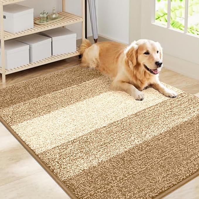 Smiry Dog Door Mat for Muddy Paws, Absorbs Moisture and Dirt, Low-Profile Entryway Mat with Non-Slip Backing, Entry Indoor Outdoor Doormat for Inside Floor (40x32 Inches, Camel, Striped) by Smiry