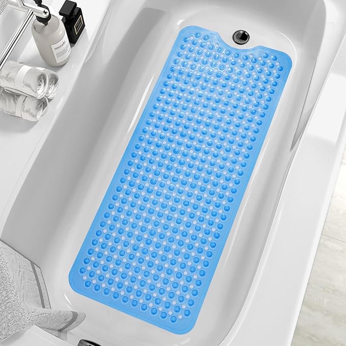 ZHICHENG Bath Tub and Shower Mats, Non-Slip 39 x 16 Inch Extra Long Bath Mat, Machine Washable Bathtub Mat with Drain Holes, Suction Cups for Bathroom (Colour Blue) by Unknown