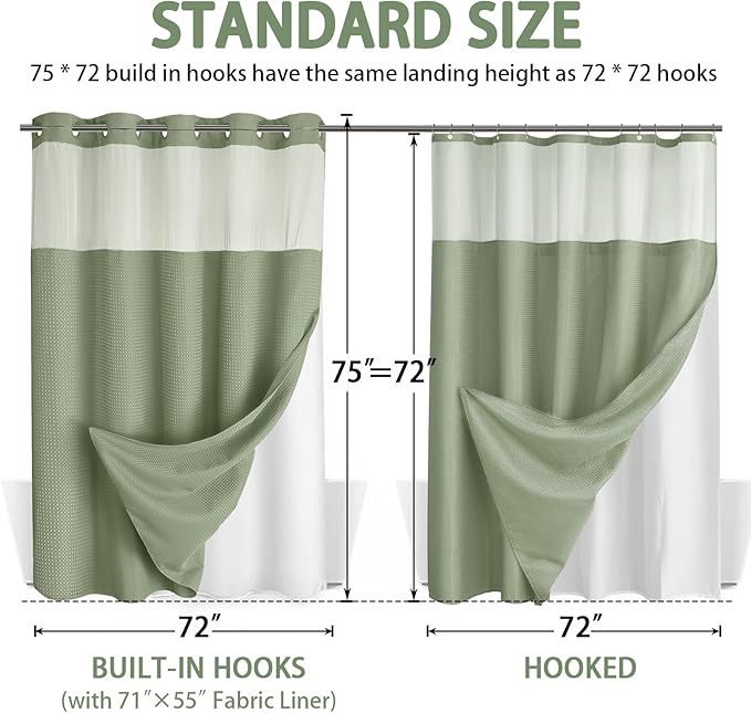 No Hook Shower Curtain and Liner Set,Sage Green Hotel Waffle Shower Curtain with Liner 75" L x 72" W - Image 6