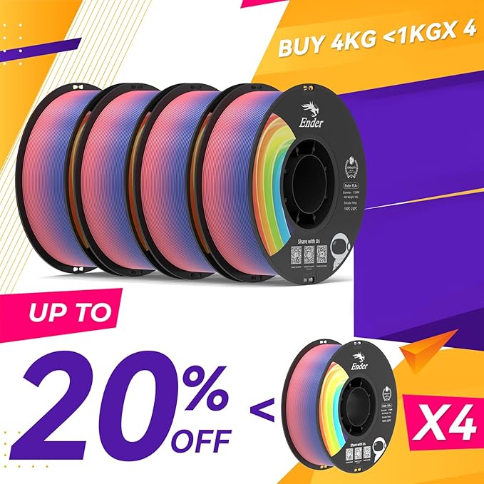 Creality 3D Printer Filament 1.75mm, Rainbow PLA+ Plus Pro Filament Toughness Upgraded, Dimensional Accuracy ±0.02mm, Fit Most 3D Printers, 4 Pack 1kg Spool(2.2lbs), Rainbow - Image 2