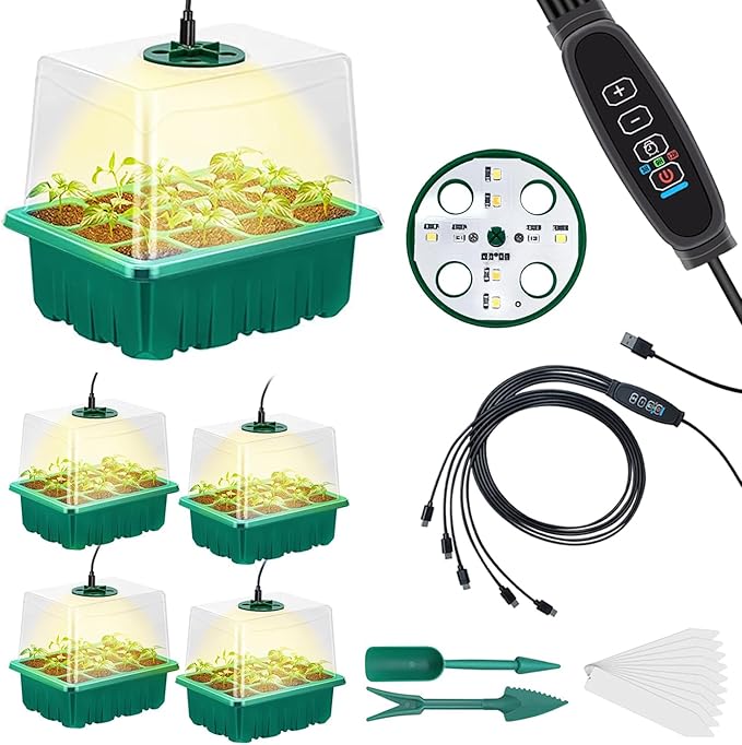 Seed Starter Tray 5 Packs Seedling Starter Trays with Grow Light 8 LEDs, Timer, Dimmable, Seed Starting Trays Kit with Humidity Dome (60 Cells) Indoor Gardening Plant Germination Tray by CANNABMALL