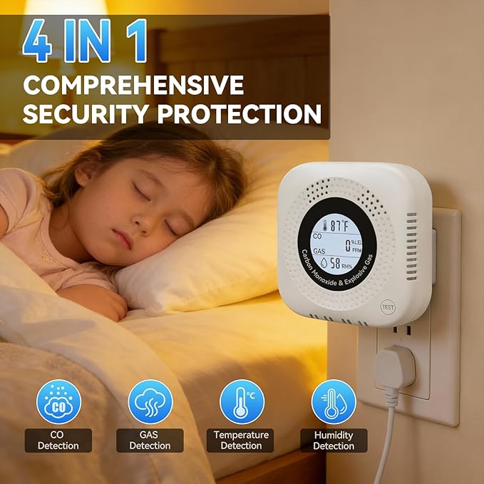 Gas Leak Detector 4-in-1 for Carbon Monoxide Detectors Methane and Propane Alarm Temperature and Humidity Monitor, Suitable for Home, Kitchen, RV, Hotel, Travel - Image 5