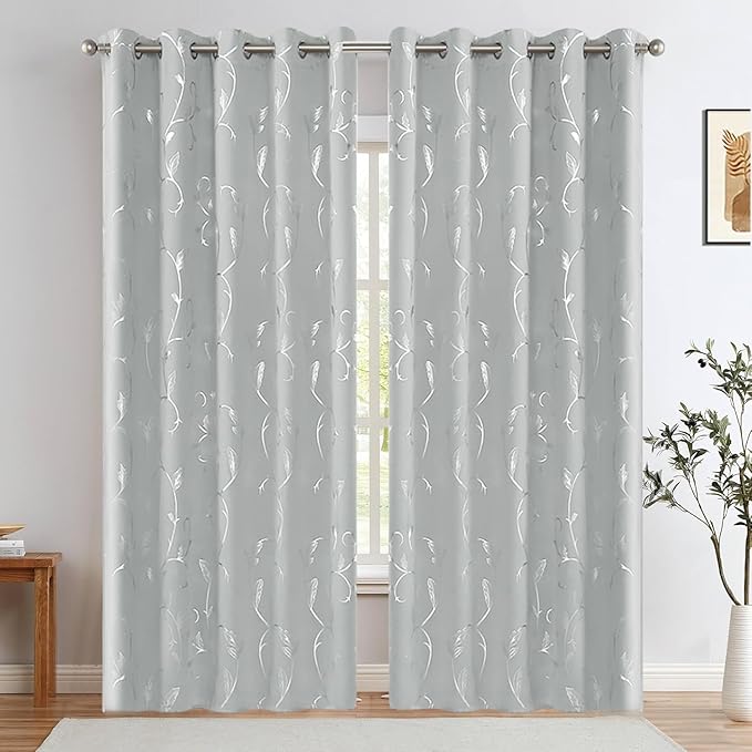 BUHUA Blackout Curtains Silver Foil Print Flower Vine Grommet Drapes, Room Darkening Thermal Insulated Curtains, Noise Reducing Curtain for Bedroom, Silver Grey, 66Wx63L, 2 Panels - Image 2