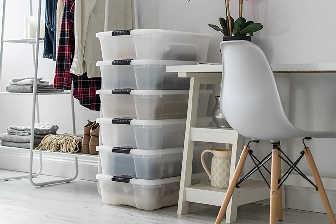 IRIS USA 27 Qt Stackable Plastic Storage Bins with Lids, 6 Pack - BPA-Free, Made in USA - Discreet Organizing Solution, Latches, Durable Nestable Containers, Secure Pull Handle - Pearl - Image 5