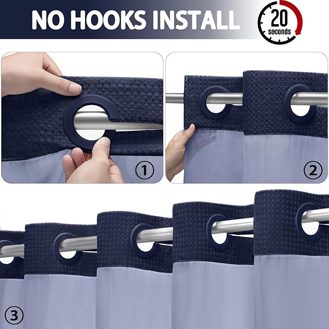 No Hook Shower Curtain and Liner Set,Blue Hotel Waffle Shower Curtain with Liner 75" L x 72" W - Image 2