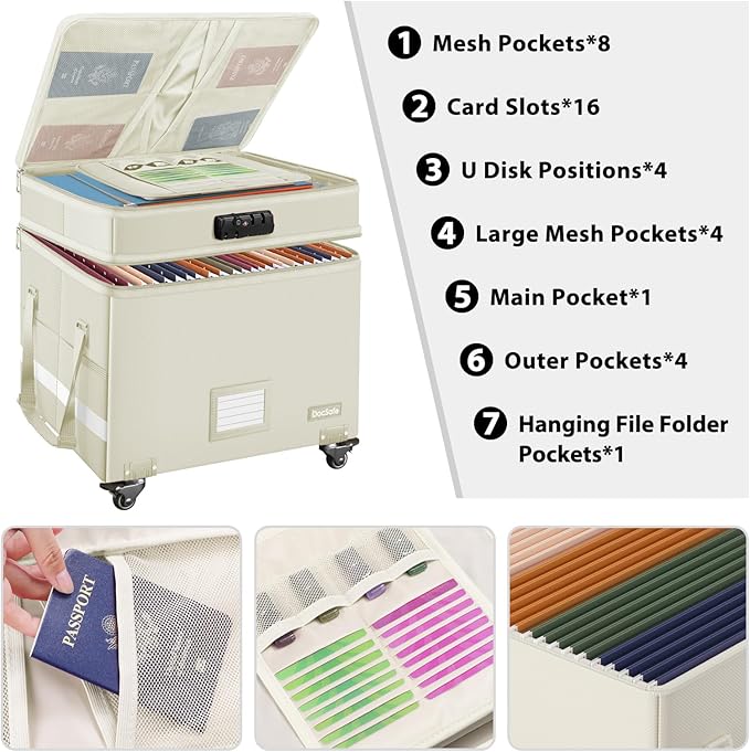 DocSafe Fireproof Document Box with Lock,2-Layer File Box with Wheels,Collapsible File Storage Organizer with Pockets,Large Portable Office Filing Cabinet for Hanging Folders,Beige,16''x13.8''x12.2'' - Image 2