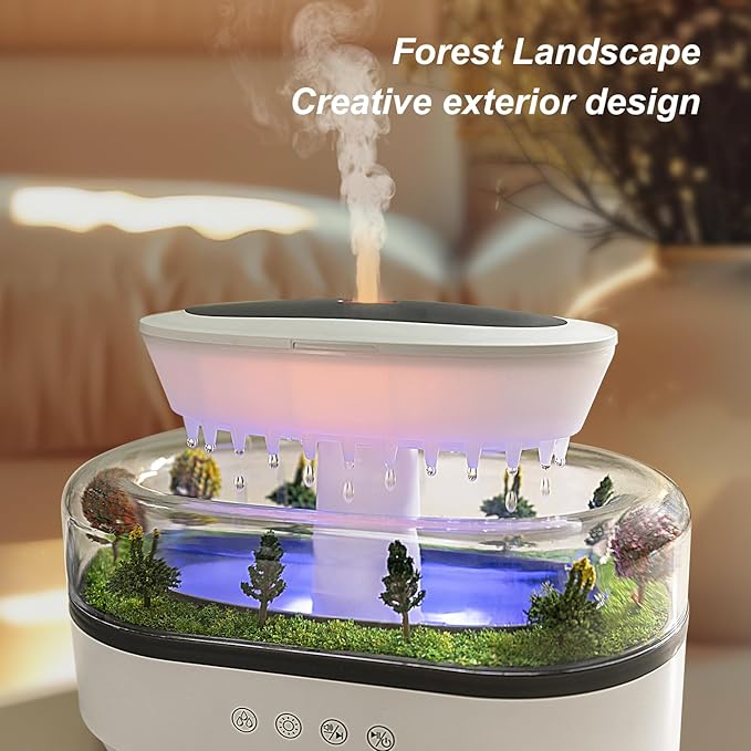 Rain Diffuser 250ML Essential Oil Diffuser, Cloud Humidifier Rain Water Drip Humidifier with Drip Music Micro Landscape Ultrasonic Diffuser for Bedroom (White) - Image 3