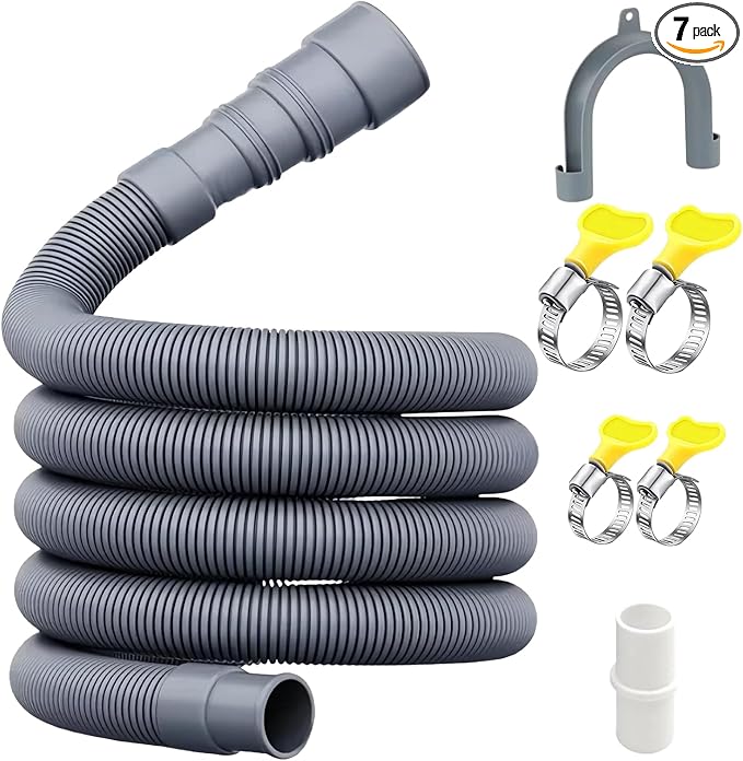 16-FT Universal Washing Machine Drain Hose Kit – Extra-Long Flexible Corrugated Extension for Washer/Dishwasher/Dehumidifier | 7-Piece Set: U-Bend Bracket, 4 Stainless Clamps + Adapter by Unknown