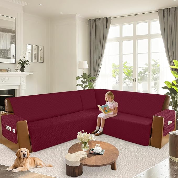 Arfntevss Waterproof Sectional Couch Covers L Shape Washable Velvet Sofa Cover for Sectional Non Slip Large Corner Slipcovers Dog 6 Pcs Universal U Shaped Furniture Protector (Burgundy, X-Large) - Image 6