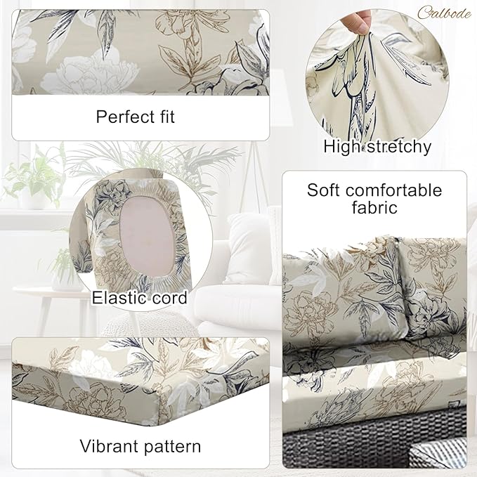 12Pcs Outdoor Stretch Cushion Covers,Waterproof Outdoor Chair Floral Cushion Covers for Patio Furniture, Washable Beige Couch Covers Replacement for Patio Furniture - Image 3