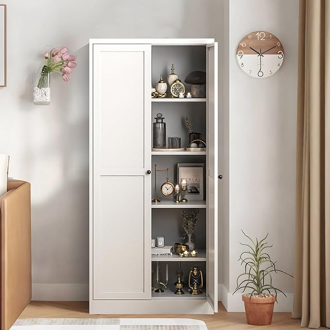 Kitchen Pantry Storage Cabinets with 4 Adjustable Shelves, 61" Tall Kitchen Cupboard Metal Food Pantry Cabinet for Kitchen, Dining Room, Living Room and Bathroom, Assembly Required(White) - Image 2