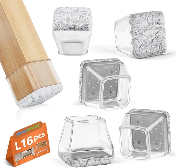 16Pcs Square Chair Leg Floor Protectors with Thickened Felt Pads Silicone Chair Leg Covers Caps to Protect Hardwood Tile Floors Furniture Feet Reduce Noise (Clear L Fit 1.14"-1.42") by BAIPOK