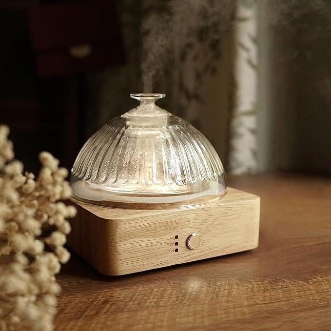 Glass Dome Essential Oil Diffuser with Glass Reservoir & Wood Base-No Plastic, 200ml Ultrasonic Diffuser for Aromatherapy with Timer 7 Color Light Auto-Off for Home Office Yoga Pilates by Levoair