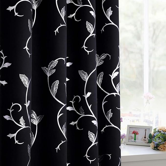 BUHUA Blackout Curtain 2 Panel Set Silver Vine Foil Print Thermal Insulated Drapes Room Darkening Curtains Grommet Window Treatment, 66 x 84 Inch, Black - Image 3