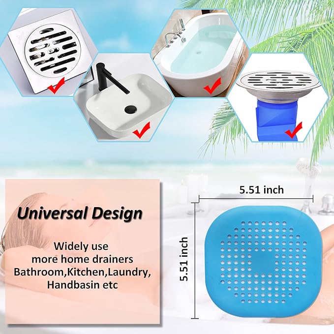Hair Drain Catcher,Square Drain Cover for Shower Silicone Hair Stopper with Suction Cup,Easy to Install Suit for Bathroom,Bathtub,Kitchen 2 Pack (Blue) - Image 5