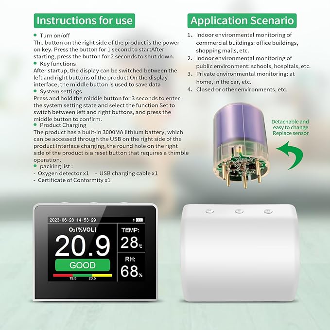 Desk O2/RH/Temp. 3-in-1 Multifunctional Air Quality Detector Temperature Humidity Monitor Indoor/Outdoor O2 Meter Tester 3.5-inch Digital Hygrothermograph with Data Logger Reable Battery for - Image 2
