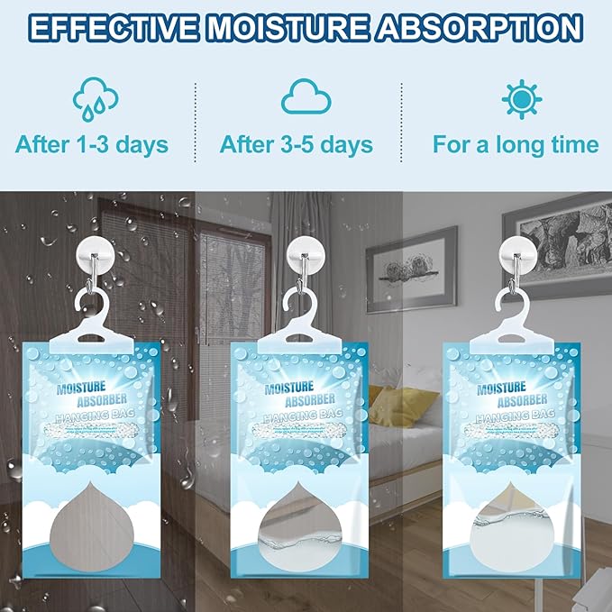 Moisture Absorbers Packets - 12 Pack Hanging Moisture Absorbers Dehumidifier Bags for Closet Bathroom Kitchen, Fragrance Free Humidity Absorber Packs, Removes Moisture & Odors - Image 4