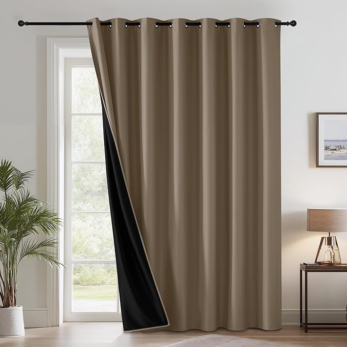 RYB HOME Extra Wide 100% Blackout Patio Door Curtain 96 inch Long, Grommet Room Darkening Room Divider Drapes, Sliding Door Curtains for Living Room/Bedroom Large Window, Mocha, W100 x L96 by RYBHOME
