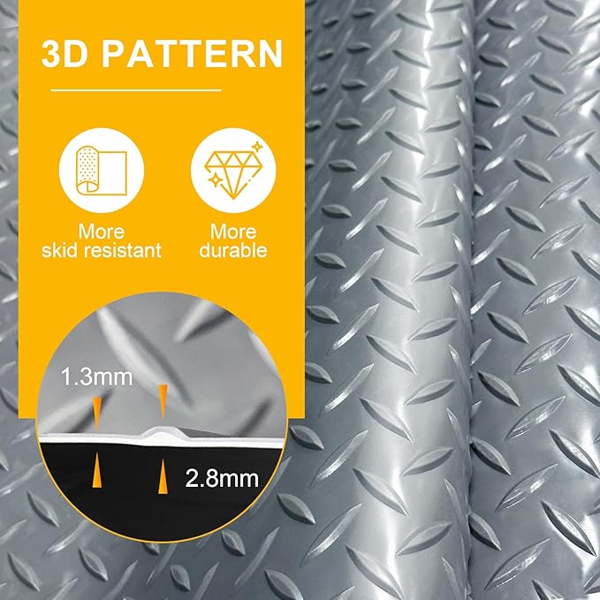 10x25 FT Garage Floor Mat, 2.8mm Thickened Flooring Roll for Under Car Diamond Plate PVC Rubber Mat with 20 Pcs Tapes, Non-Slip Floor Mat for Garage, Warehouse, Gyms, Trailer, Gray - Image 3
