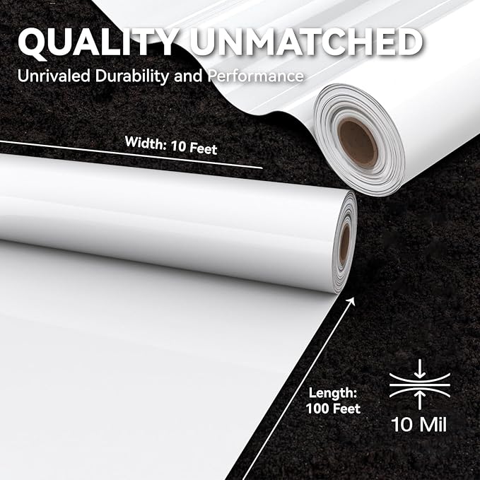 Crawl Space Vapor Barrier, 10mil Film, 10'x100', White Plastic Sheeting - Thick Plastic Sheeting, Heavy Duty Polyethylene Film, Drop Cloth Vapor Barrier Covering for Crawl Space, Garden, Basement - Image 7