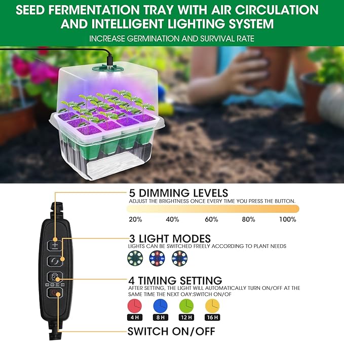 Seed Starter Tray with Grow Light,5 Pack 60 Cells Seedling Tray Kit Reusable & Dishwasher Safe for Starting Vegetable, Flower & Herb Seeds Indoor Grow Kit for Deep-Rooted Seedlings - Image 8