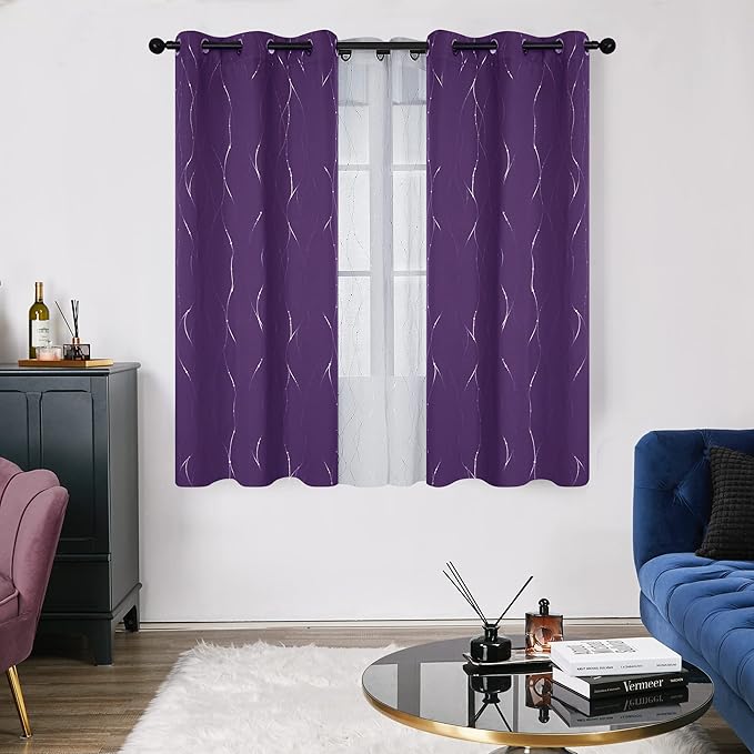 Deconovo Short Purple Curtains, Blackout Drapes with Wave Line Silver Print, 38 x 45 Inches Long, Thermal Insulated Panel, Grommet Top, Machine Washable, Set of 2 Panels for Kitchen Nursery Bedroom - Image 2