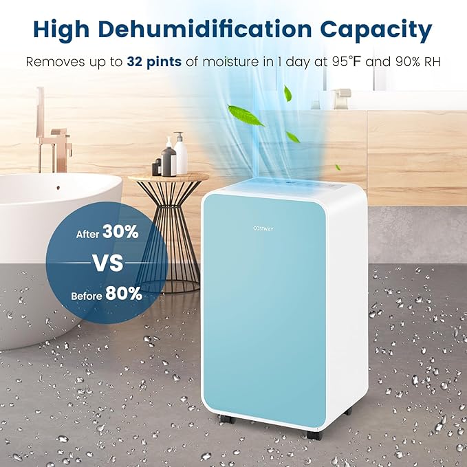 COSTWAY 2500 Sq. Ft Dehumidifier for Basement, 32 Pints Portable Quiet Dehumidifier for Bedroom Bathroom with Sleep Mode, 24H Timer, Auto Shut Off, Auto Defrost & Drain Hose (Navy) - Image 5