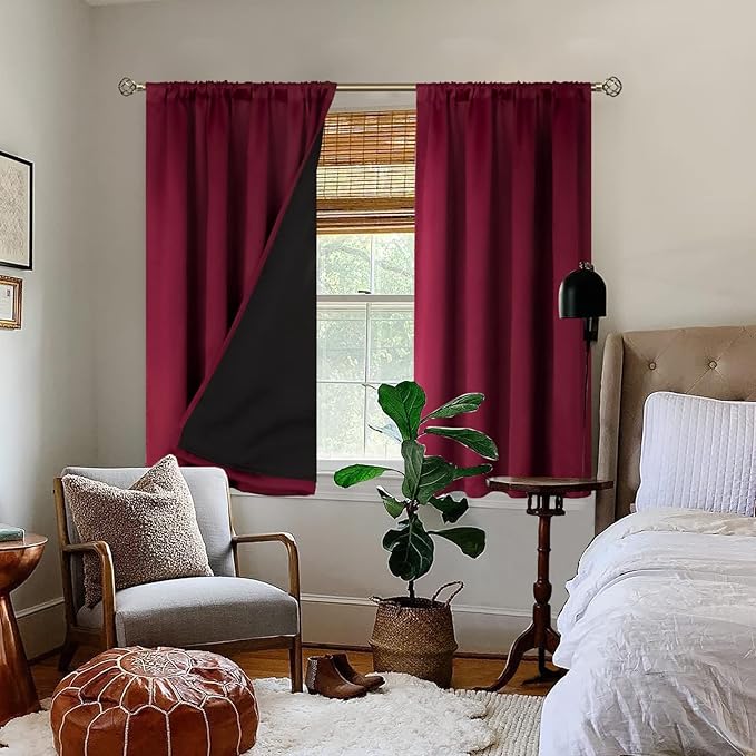 BGment 100% Blackout Curtains 45 Inches Length 2 Panels, Christmas Thermal Insulated Room Darkening Soundproof Window Curtains Panels for Kitchen, Each Drapes 42 Inches Wide, Burgundy Red - Image 2