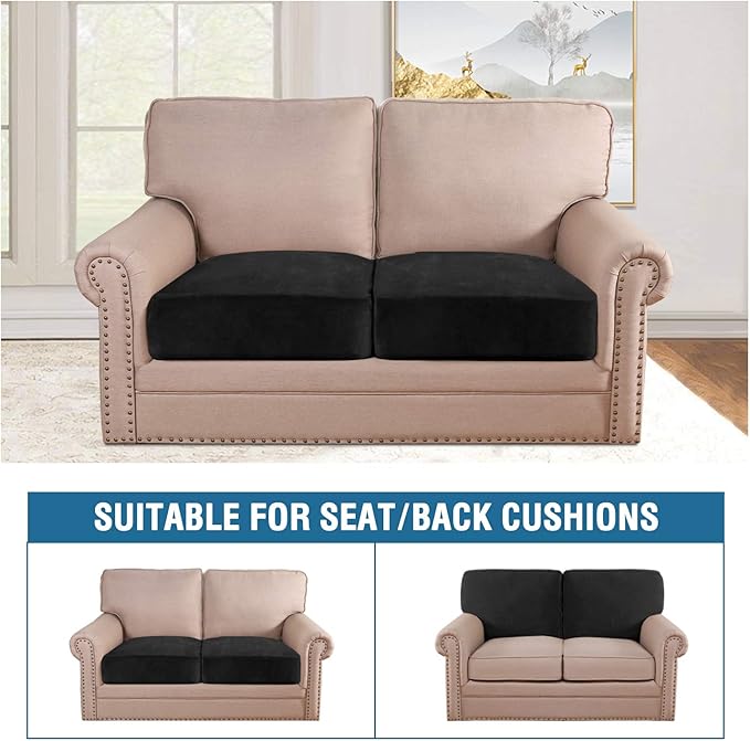 H.VERSAILTEX Velvet Stretch Couch Cushion Cover Plush Cushion Slipcover for Chair Loveseat Sofa Cushion Furniture Protector Seat Cushion Sofa Cover (2 Piece Large Sofa Cushion Covers, Black) - Image 3