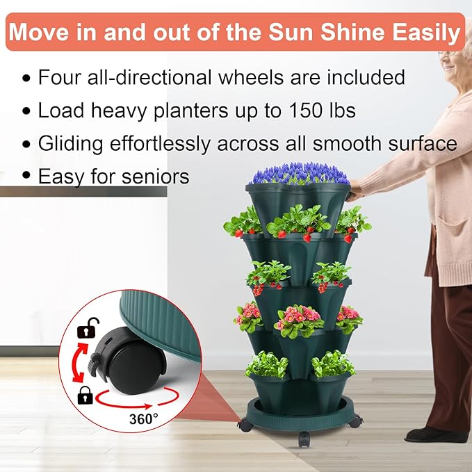 DUNCHATY Stackable Planter, Vertical Garden Planter with Wheels and Tools, Strawberry Indoor/Outdoor 5 Tier Tower Herb for Growing Vegetables Succulents, Dark Green, 2 Pack - Image 3