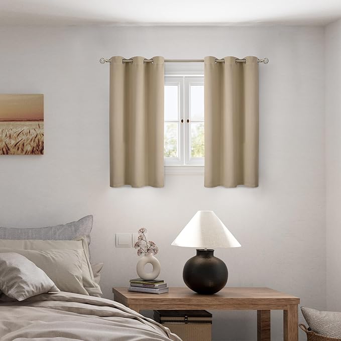BGment Short 100% Blackout Curtains for Bedroom, Thermal Insulated Energy Efficiency Noise Reducing Grommet Curtains 45 Inch Length with Liner for Small Window 2 Panels Each 42 Inch Wide, Sand - Image 2