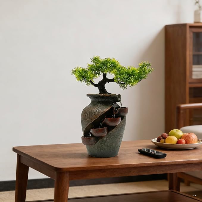 8.7inch Vase Type Artificial Bonsai Tree Fake Plant Mini Tabletop Waterfall Fountain with Water Flow, Indoor Desktop Decoration for Office Restaurant Coffee Home Decor or Festival Birthday Surprise - Image 6