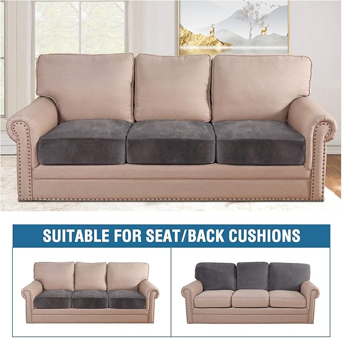 H.VERSAILTEX Velvet Stretch Couch Cushion Cover Plush Cushion Slipcover for Chair Loveseat Sofa Cushion Furniture Protector Seat Cushion Sofa Cover (3 Piece Sofa Cushion Covers, Grey) - Image 3