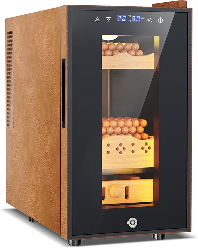 Electric Cooler Cabinet 25L with Temperature and Humidity Control, Leather Finish, Spanish Cedar Wood Shelves and Safety Lock (200 Counts Capacity), Gift for Men by FoMup