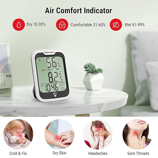 ThermoPro TP358 Bluetooth Thermometer for Room Temperature with Built-in Clock, Smart Temperature Sensor and Humidity Meter with Backlit, 260Ft Hygrometer Indoor Thermometer with Data Storage Export - Image 8