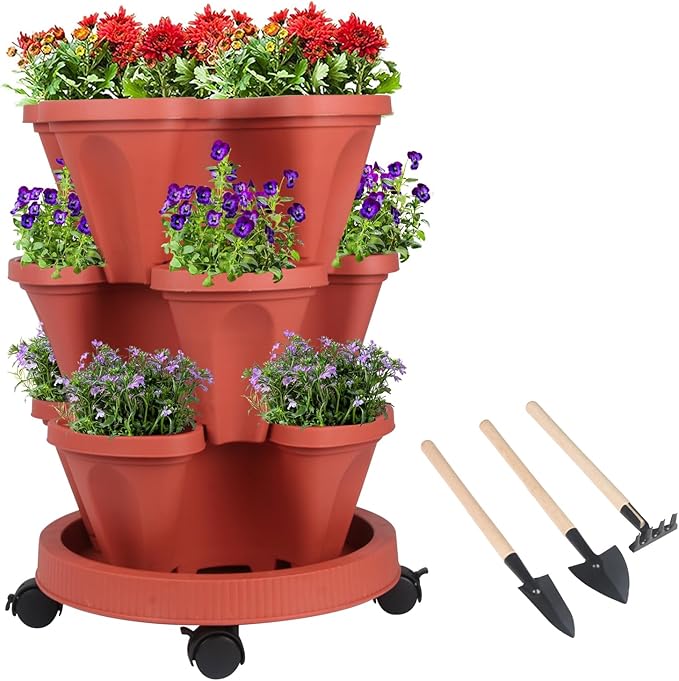GameXcel Vertical Planter 3 Tier Stackable Planters Garden Planters Strawberry Herb Flower and Vegetable Planter Indoor Outdoor Gardening Pots with Removable Wheels and Tools by GameXcel