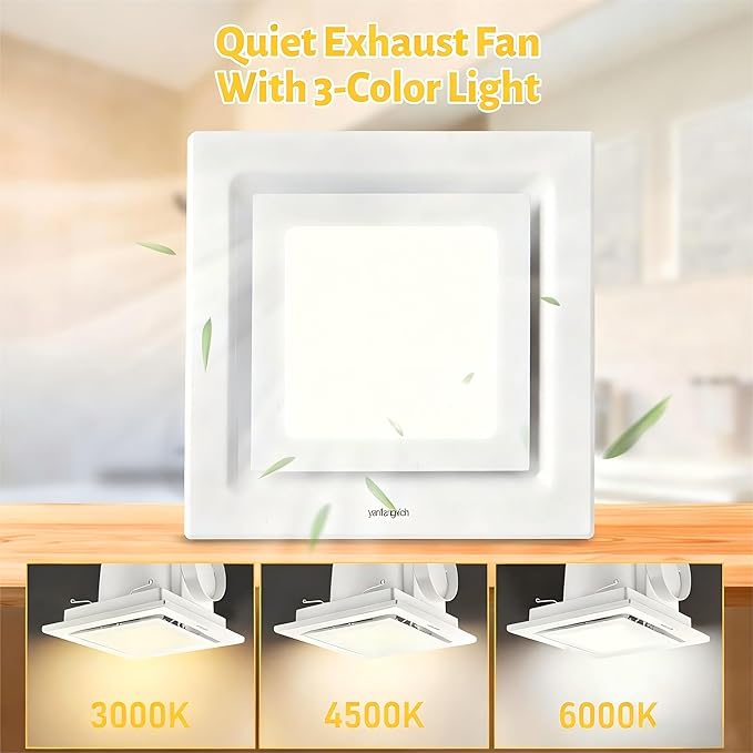 Bathroom Exhaust Fan with Light, 8-Inch Bath Fan with Light For Home, 3000K/4500K/6000K Selectable, 110 CFM Bathroom Ventilation Fan, 1.0 Sones Ultra-Quiet Exhaust Fans for Ceiling Mount - Image 3