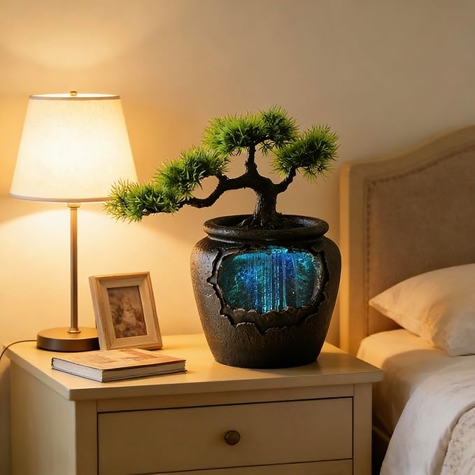 12Inch Fake Bonsai Tree Small Waterfall Fountain Indoor Tabletop Decoration with LED Lights and Water Flow, Resin Desktop Water Fountains Indoor Home Decor or Festival Birthday Surprise - Image 2