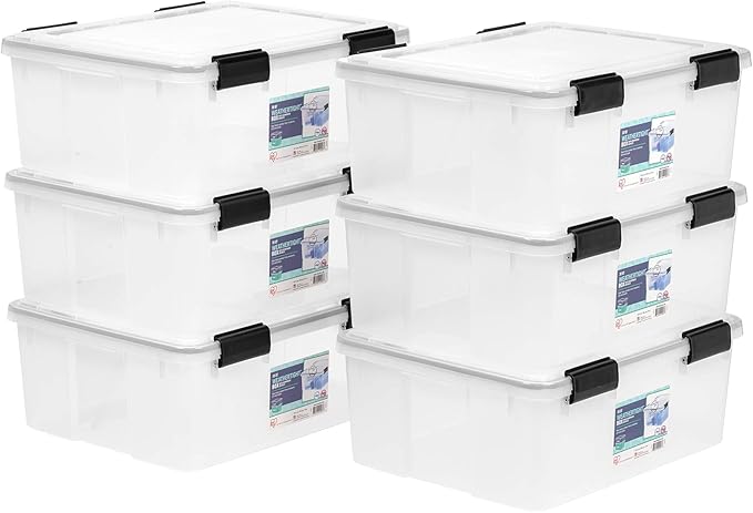 IRIS USA 30.6 Quart WEATHERPRO Plastic Storage Box with Durable Lid and Seal and Secure Latching Buckles, 6 Pack, Weathertight, Keep Pest Dust and Moisture Out, for Oversized Bulky Items, Clear/Black by IRISUSA