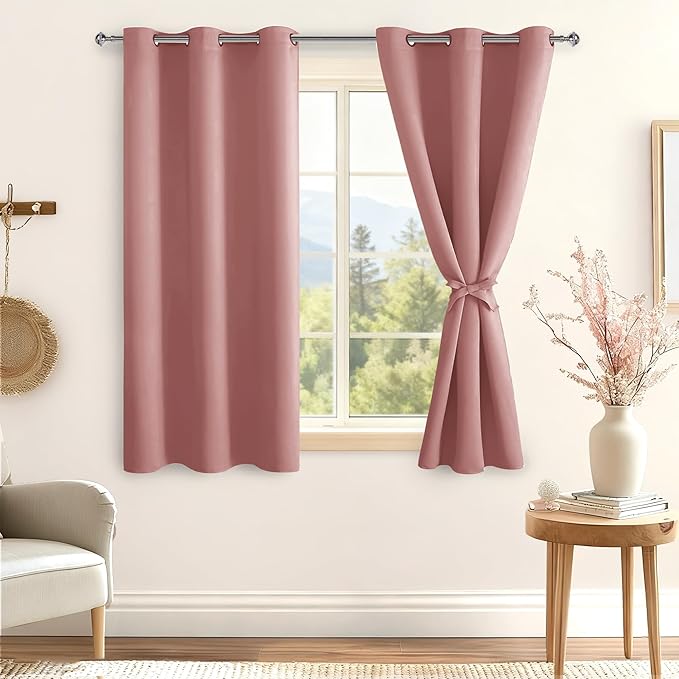 Hiasan Short Blackout Curtains for Bedroom - Thermal Insulated & Energy Saving Window Curtains for Living Room, 2 Drape Panels Sewn with Tiebacks, Dusty Rose, 38 x 45 Inch - Image 2