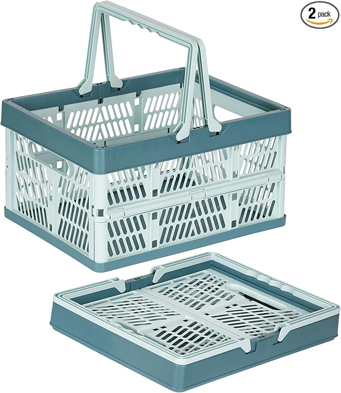 Heavy Duty Plastic Milk Crates for Storage, 2-Pack Stackable Storage Bins for Organizing, Collapsible Shopping Basket with Handle for Groceries, Suitable for Home Office School Store, Blue by PAG-Mass