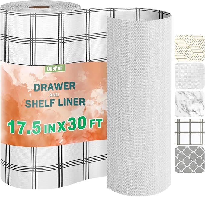 OcePor Non-Adhesive Drawer and Shelf Liner 17.5IN x 30FT，Non Slip Cabinet and Cupboard Liner, Kitchen Cabinet Liners for Shelves, Waterproof Drawer Shelf Liners for Cabinets/Bathroom Cupboard, Stripe by OcePor