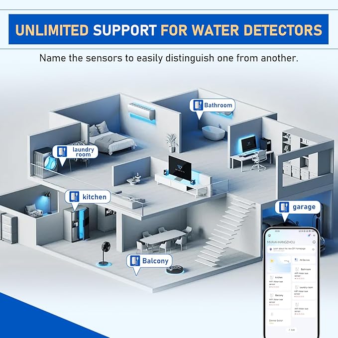 BSEED WiFi Water Leak Detector, Smart Water Sensor with Cable, 85dB Audio/App/SMS/Email Alarm, Rapid Leak Detection for Home, Kitchen, Bathroom, Basement, IP65 Waterproof, No Hub Required,1 Pack - Image 7