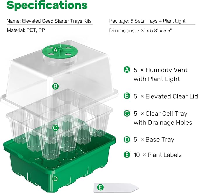 Bonviee 10 Packs Seed Starter Tray with Elevated Lid, 120 Cells Thicken Seed Starting Trays Kit with Adjustable Humidity Vent, Clear Cell Tray and Heightened Lids for Greenhouse & Gardens, Green - Image 2